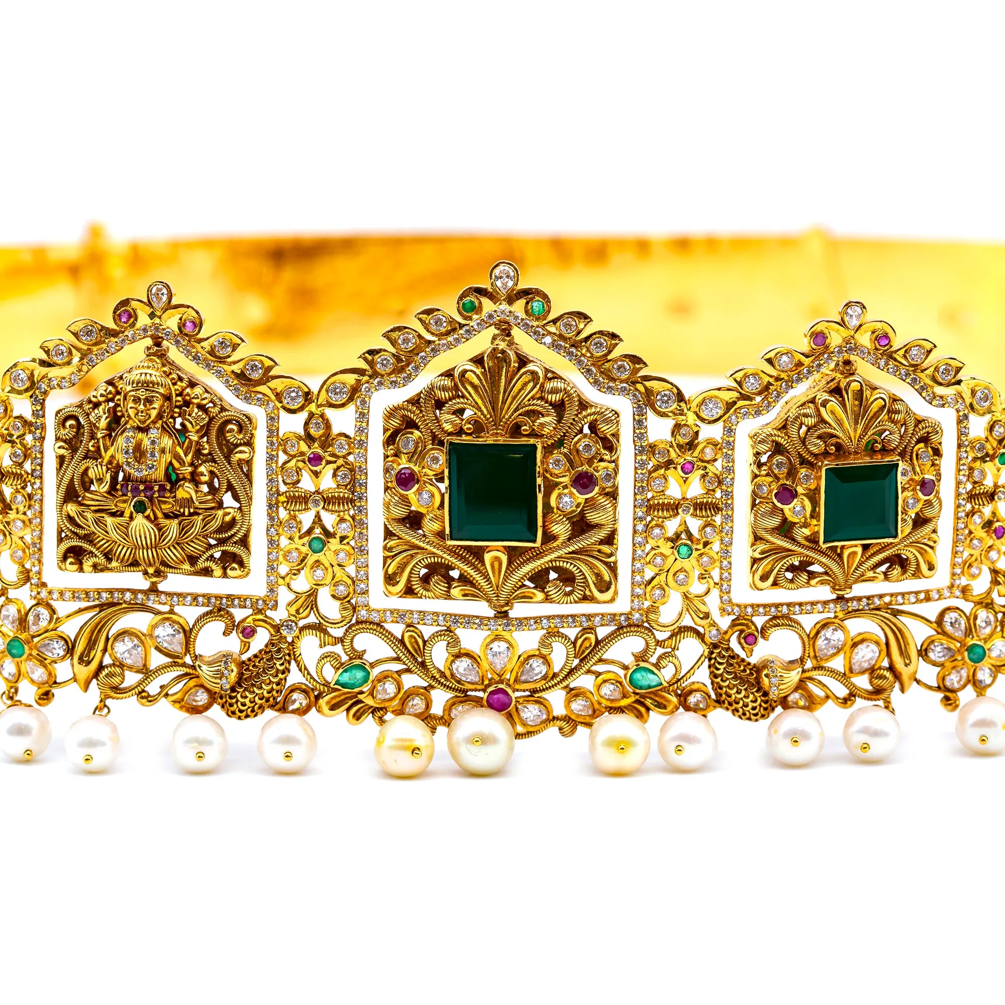 22K Yellow Gold Laxmi Vaddanam Waist Belt w. Gems & Pearls (275 grams)