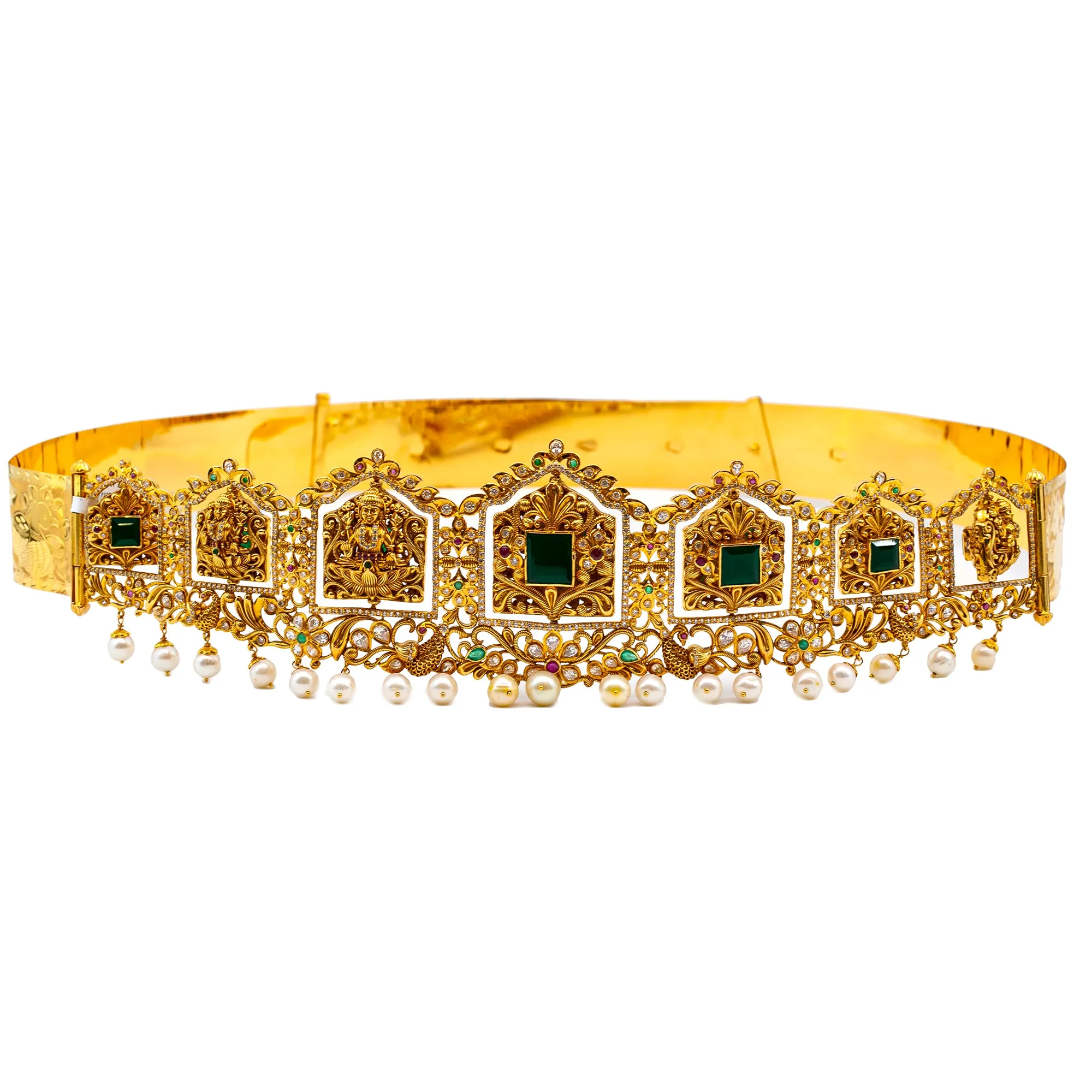 22K Yellow Gold Laxmi Vaddanam Waist Belt w. Gems & Pearls (275 grams)