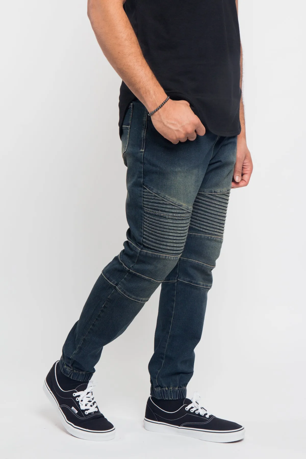 Acid Wash Biker Denim Jogger Pants