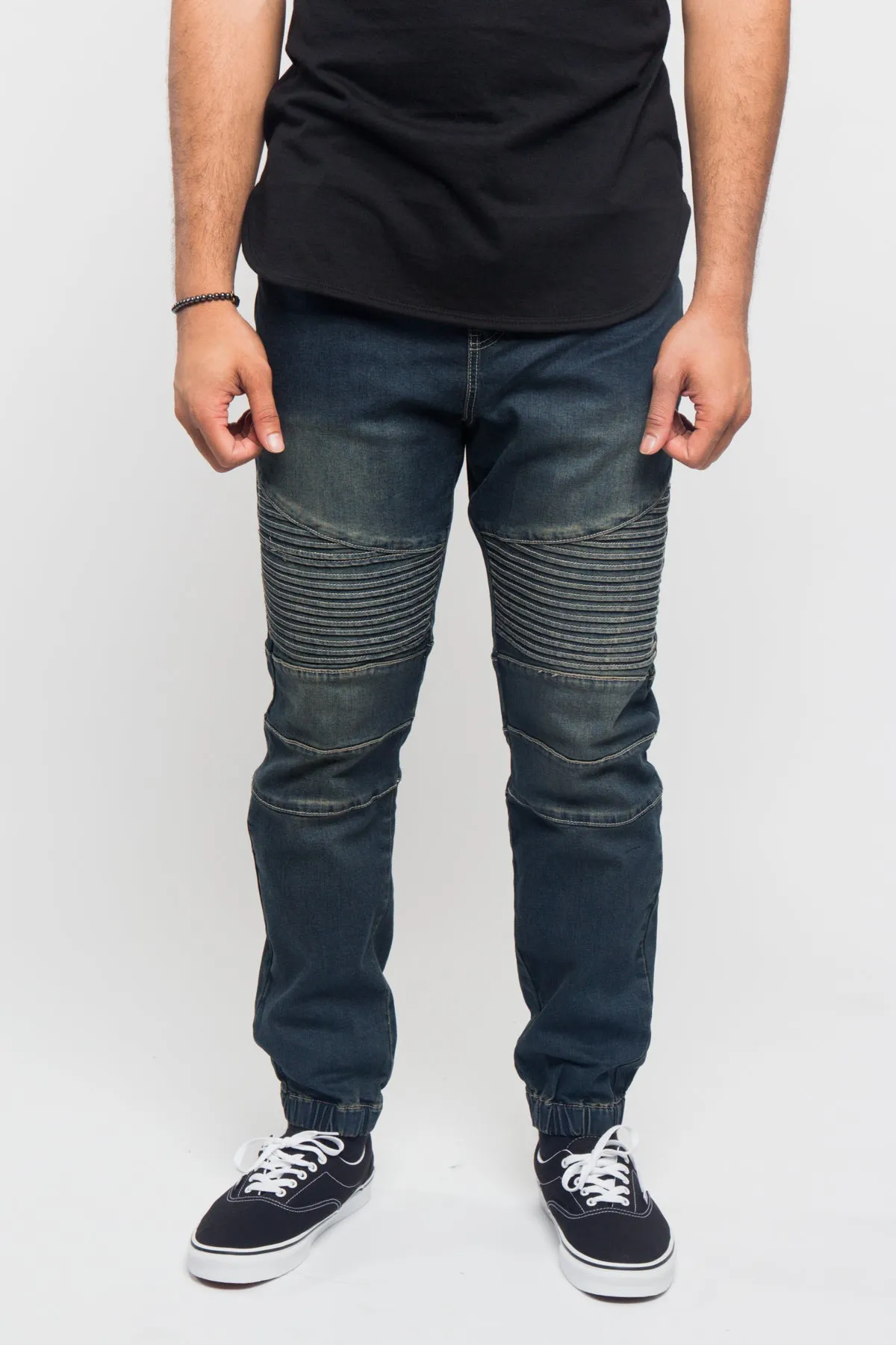 Acid Wash Biker Denim Jogger Pants