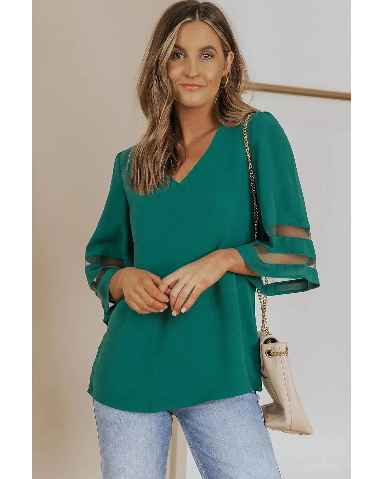 Azura Exchange Flare Sleeve V Neck Loose Blouse - M