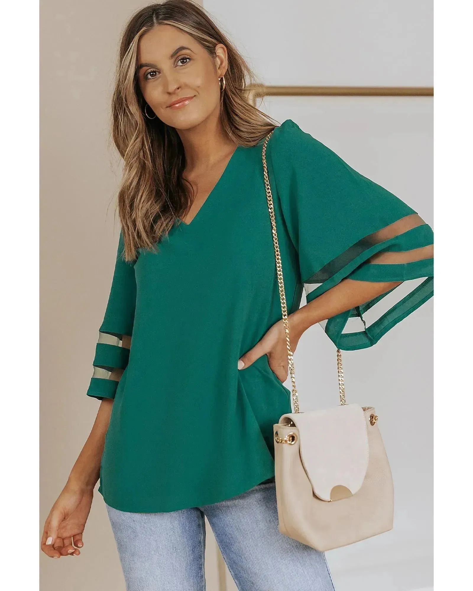 Azura Exchange Flare Sleeve V Neck Loose Blouse - M