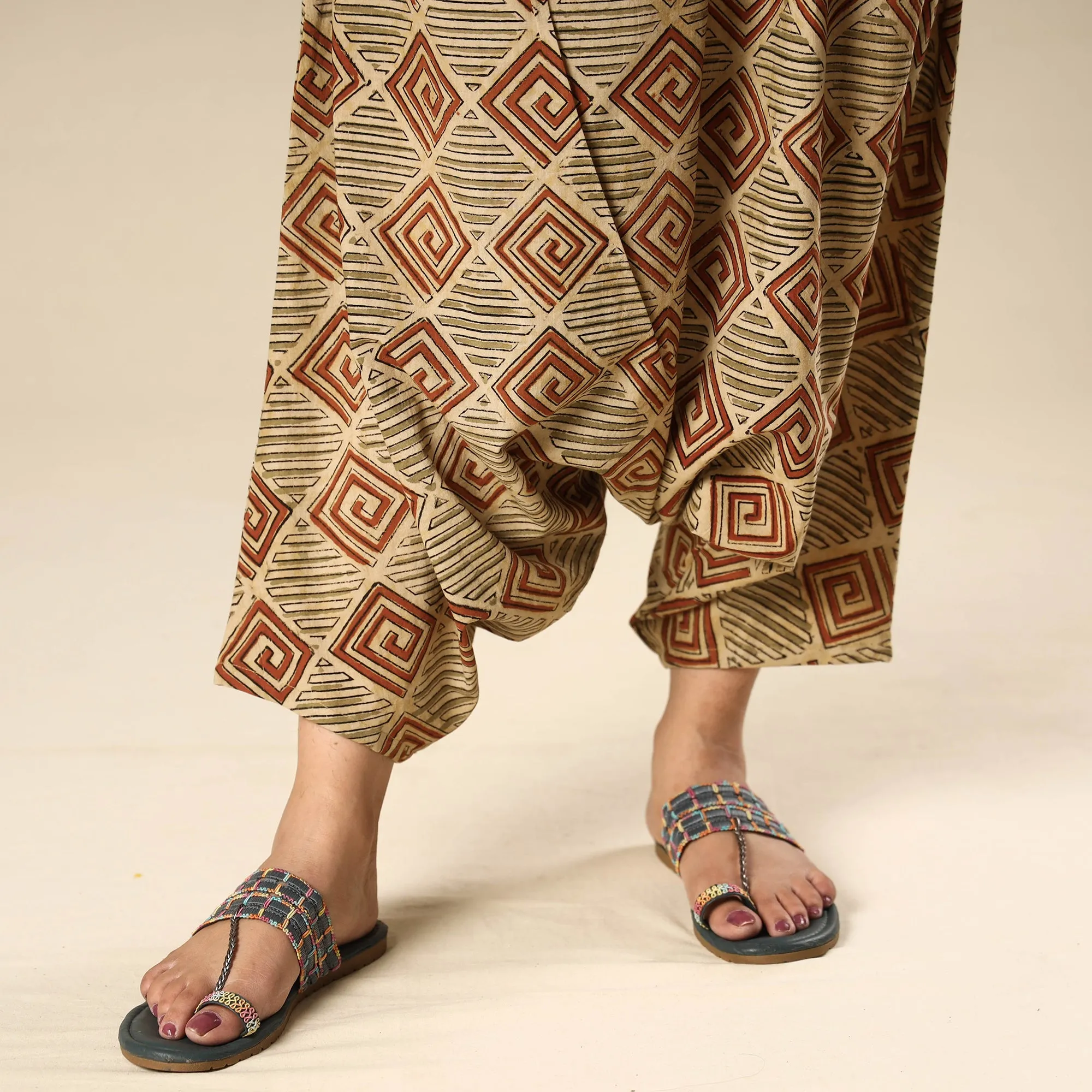 Beige - Kalamkari Block Printed Cotton Elasticated Harem Pant