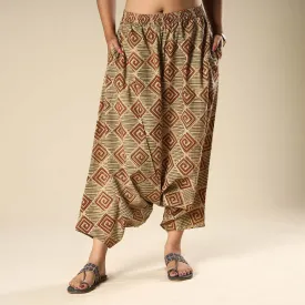 Beige - Kalamkari Block Printed Cotton Elasticated Harem Pant