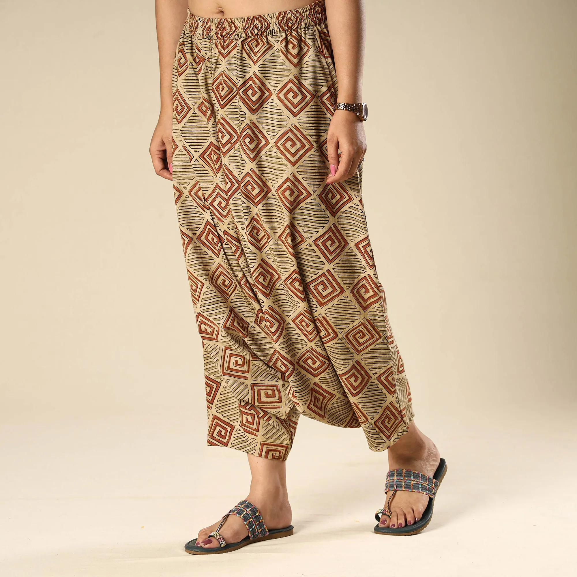 Beige - Kalamkari Block Printed Cotton Elasticated Harem Pant