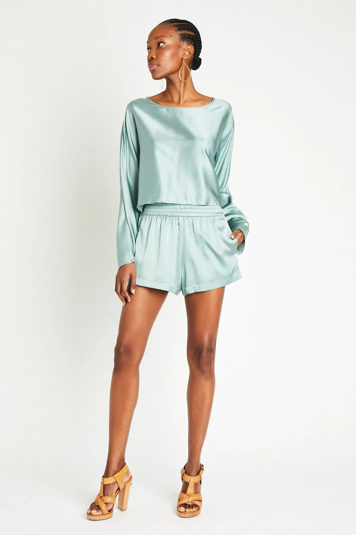   Beryll Sierra Silk Long Sleeve Cropped Top | Mint