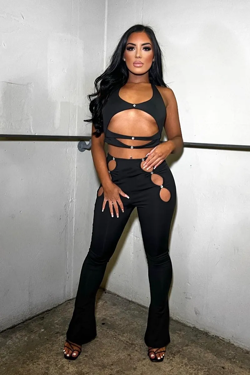 Black Cut Out Halter Neck Crop Top & Flare Trouser Set - Ariel