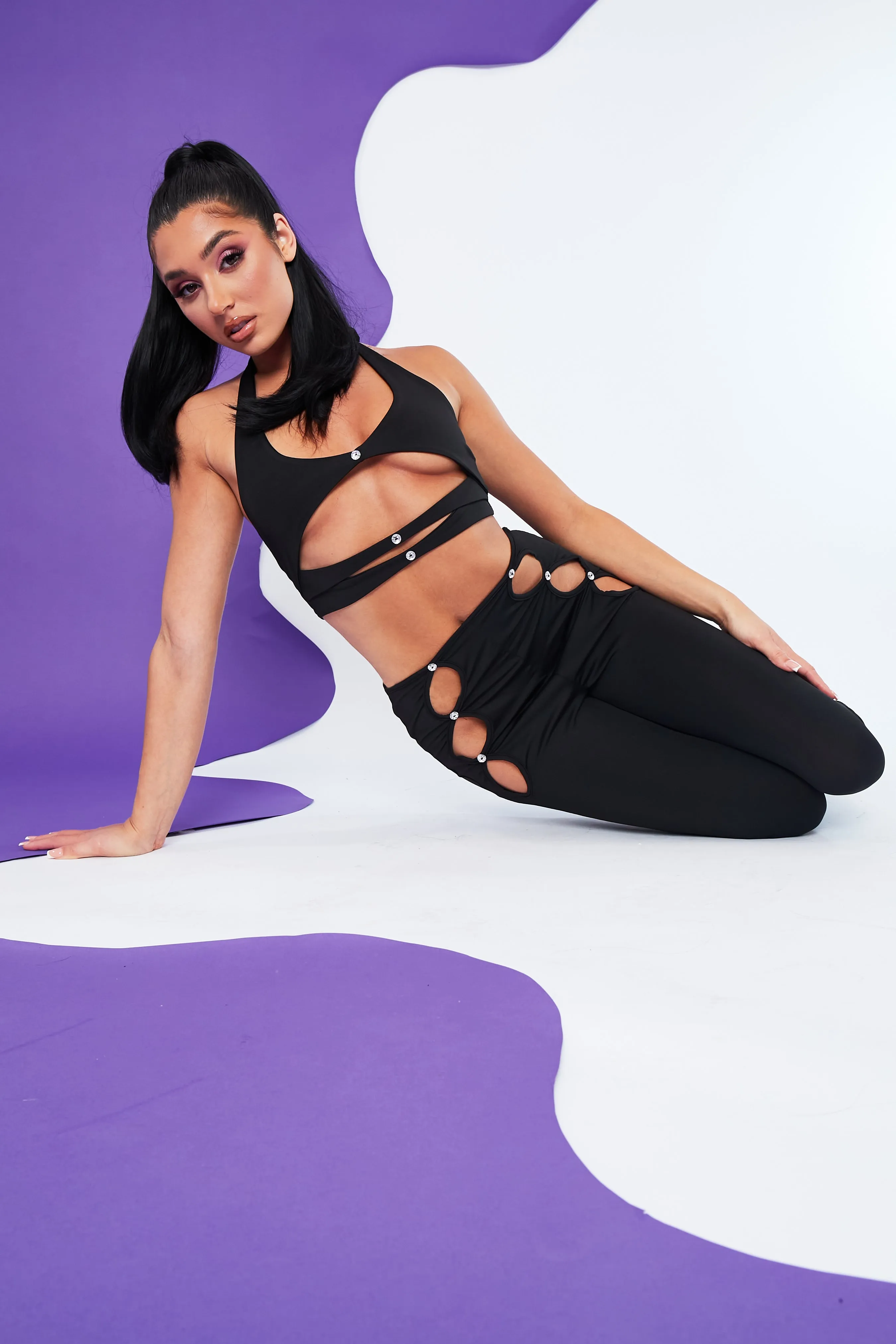 Black Cut Out Halter Neck Crop Top & Flare Trouser Set - Ariel