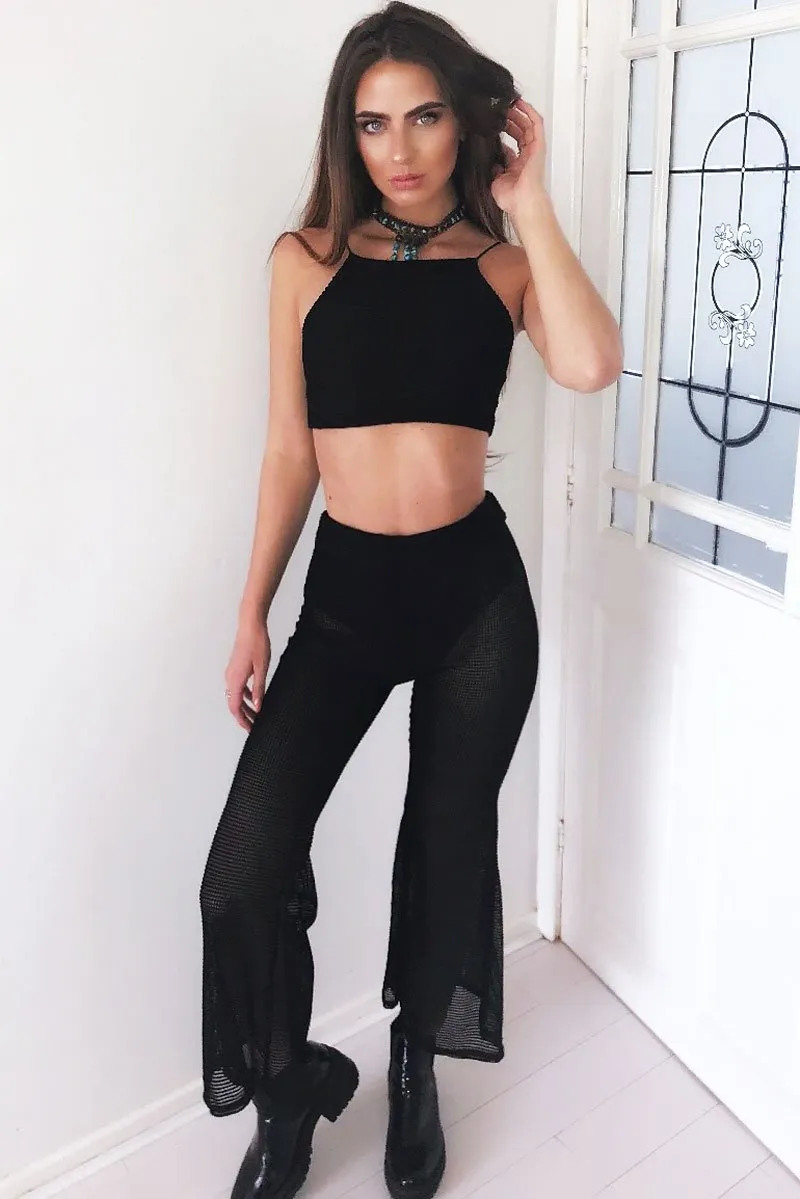 Black Ribbed Crop Top and Sheer Trousers Co-ord - Nayana