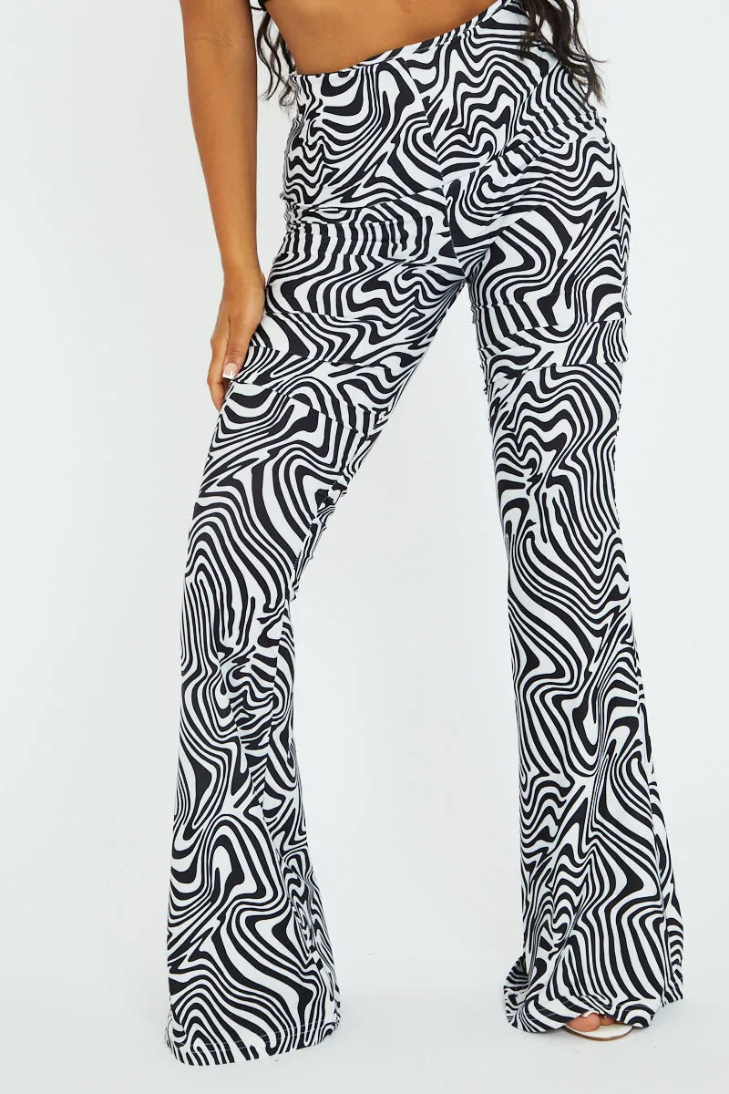 Black White Wave Print Slinky Flare Trousers  - Ila