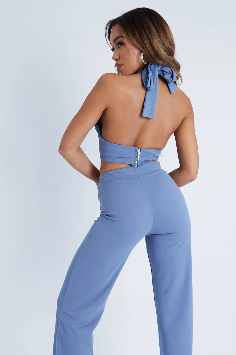 Blue Halter Neck Crop Top   High Waist Flare Trouser Set - Sheri