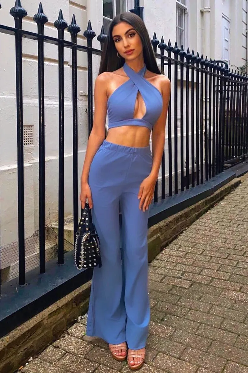 Blue Halter Neck Crop Top   High Waist Flare Trouser Set - Sheri