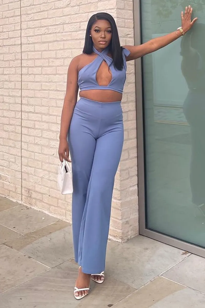 Blue Halter Neck Crop Top   High Waist Flare Trouser Set - Sheri