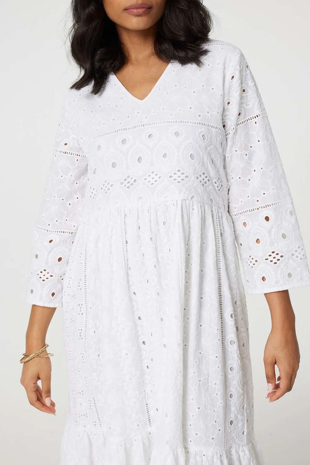 Broderie Anglaise 3/4 Sleeve Midi Dress