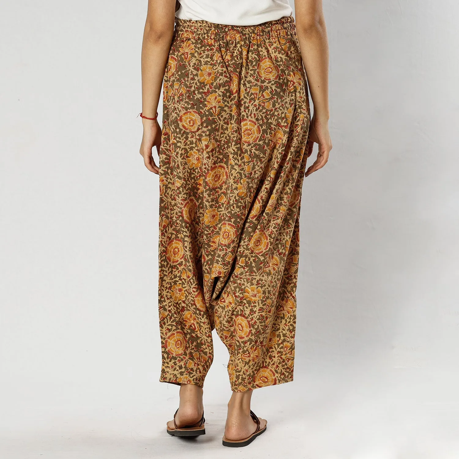 Brown - Pedana Kalamkari Block Print Cotton Harem Pant