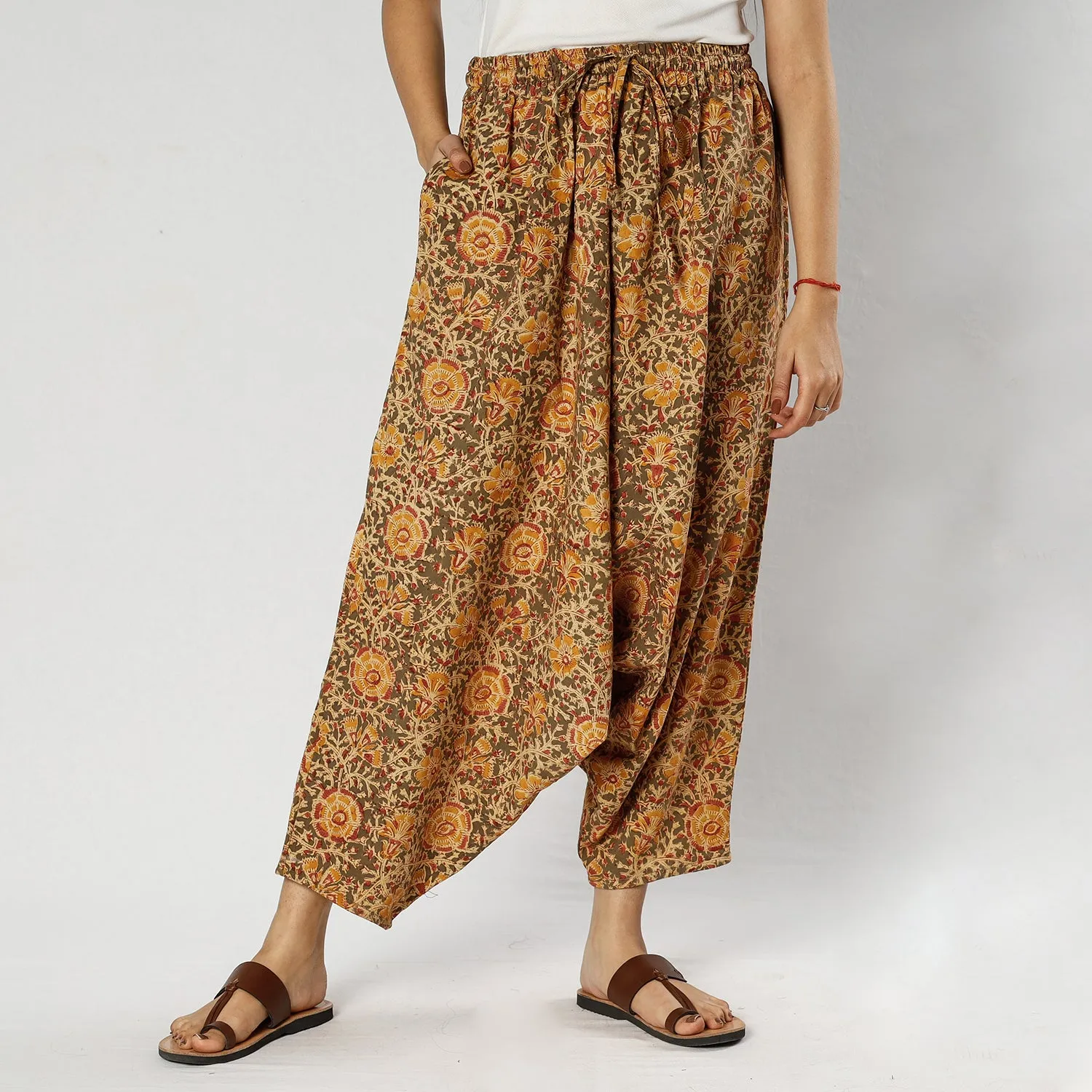 Brown - Pedana Kalamkari Block Print Cotton Harem Pant