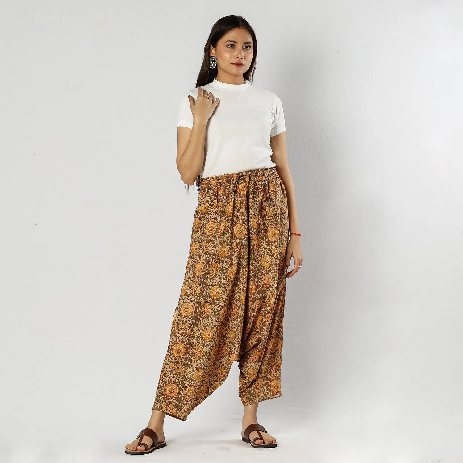 Brown - Pedana Kalamkari Block Print Cotton Harem Pant