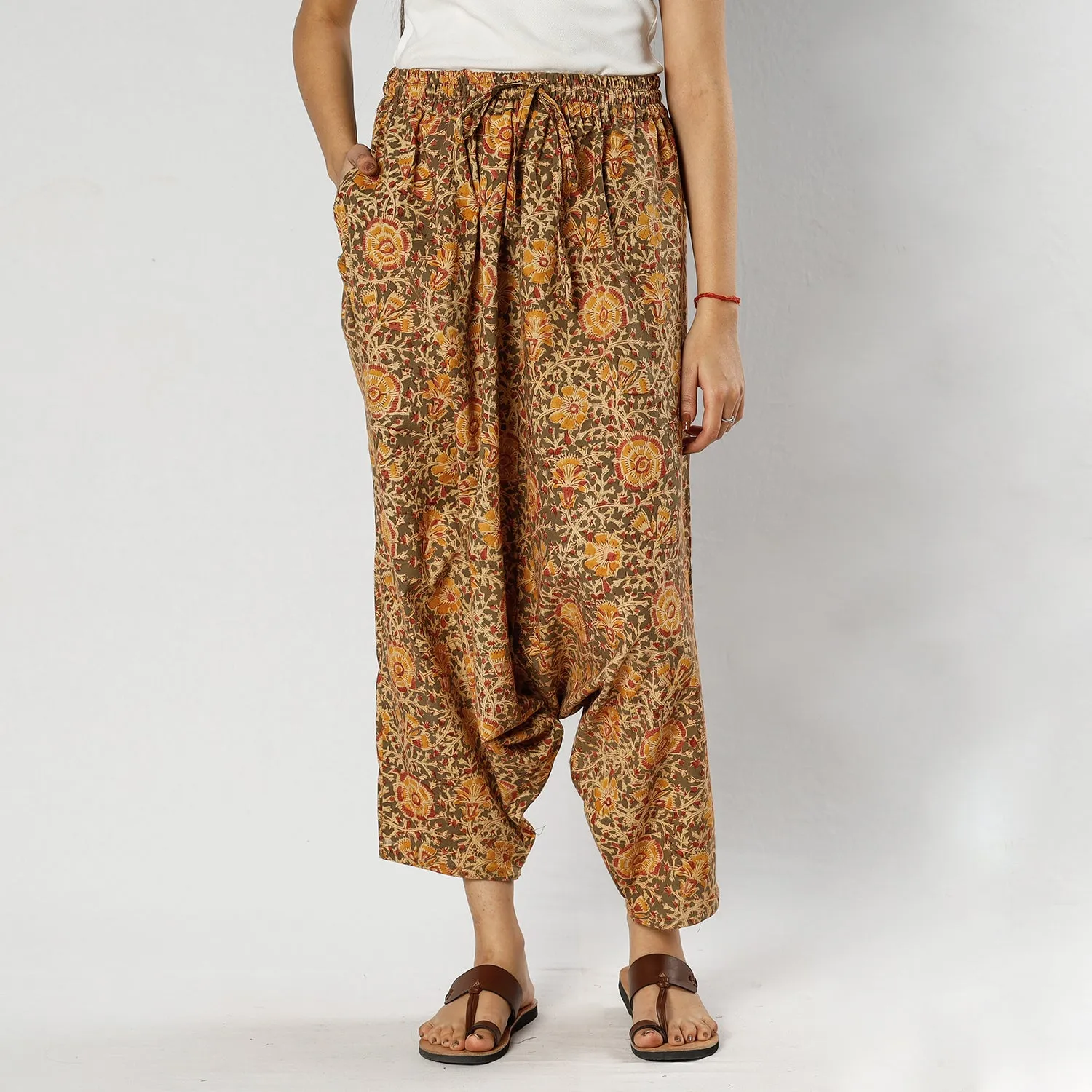 Brown - Pedana Kalamkari Block Print Cotton Harem Pant