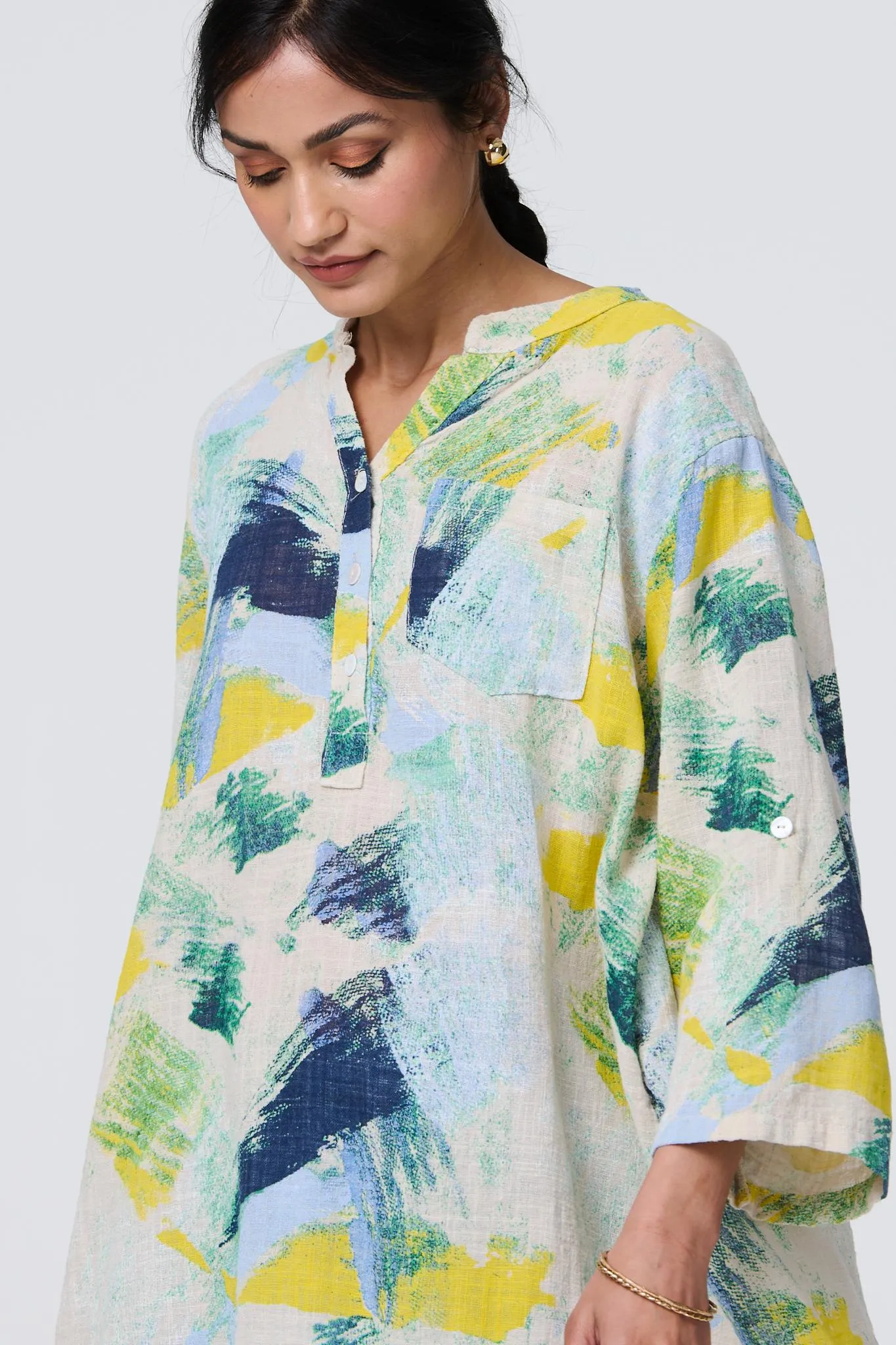 Brushstroke Print Relaxed 3/4 Sleeve Blouse