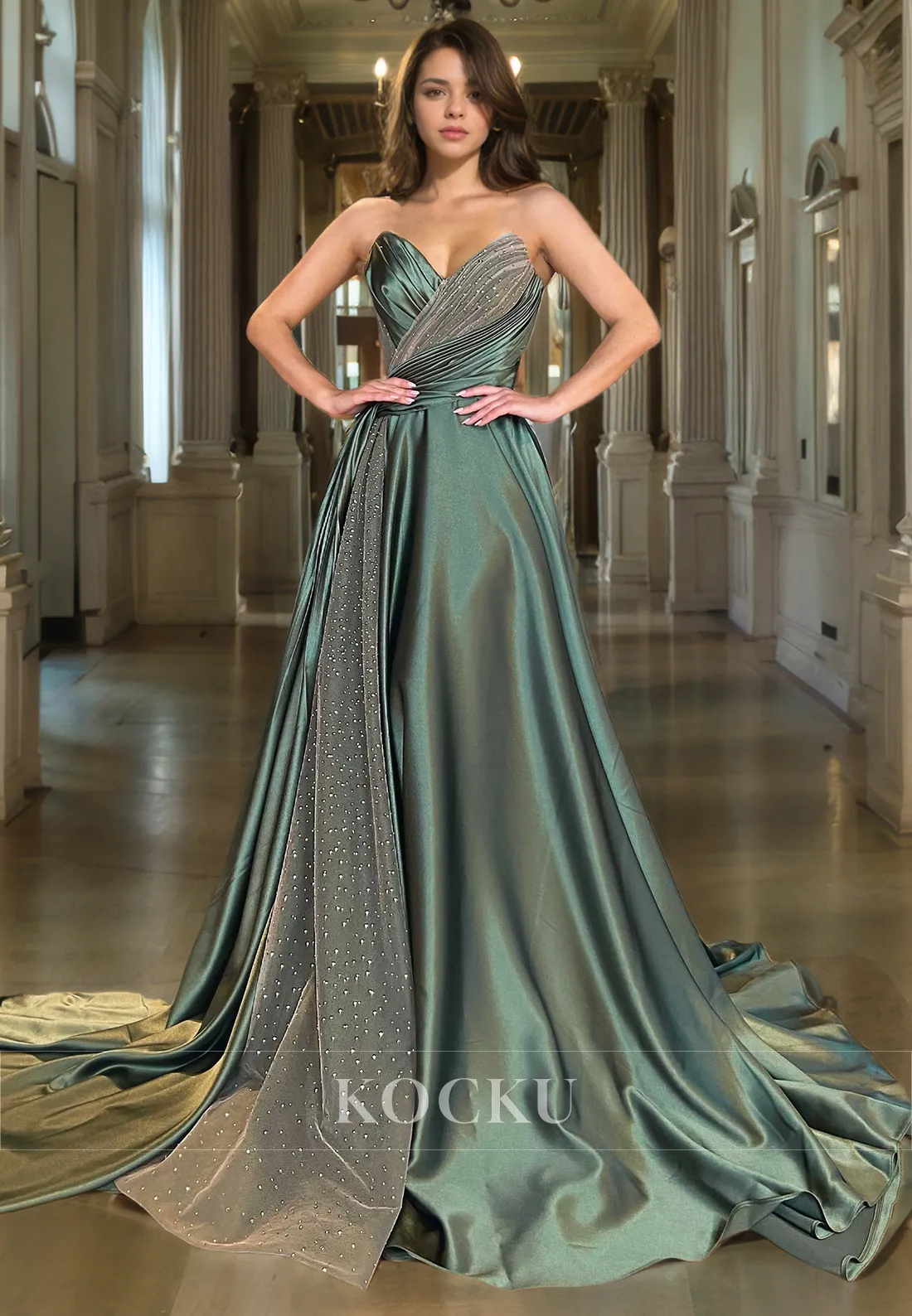 Couture & Ornate Sleeveless Satin A-Line V-Neck Evening Party Prom Dress