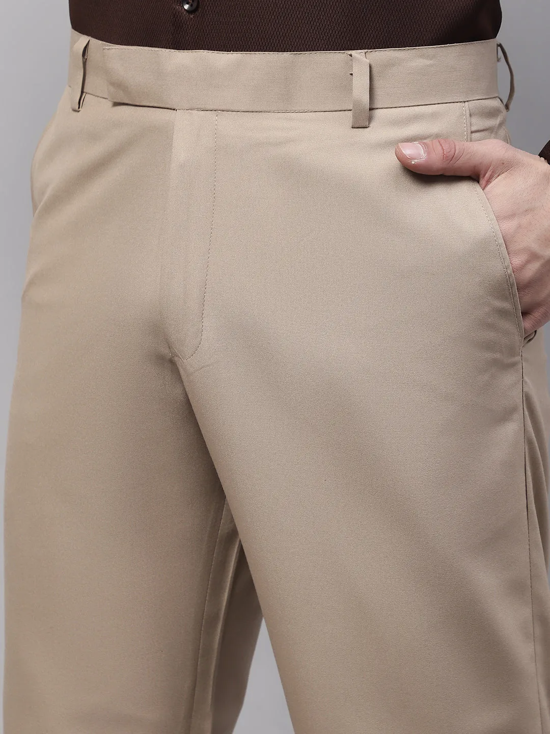 Men'S Beige Tapered Fit Formal Trousers