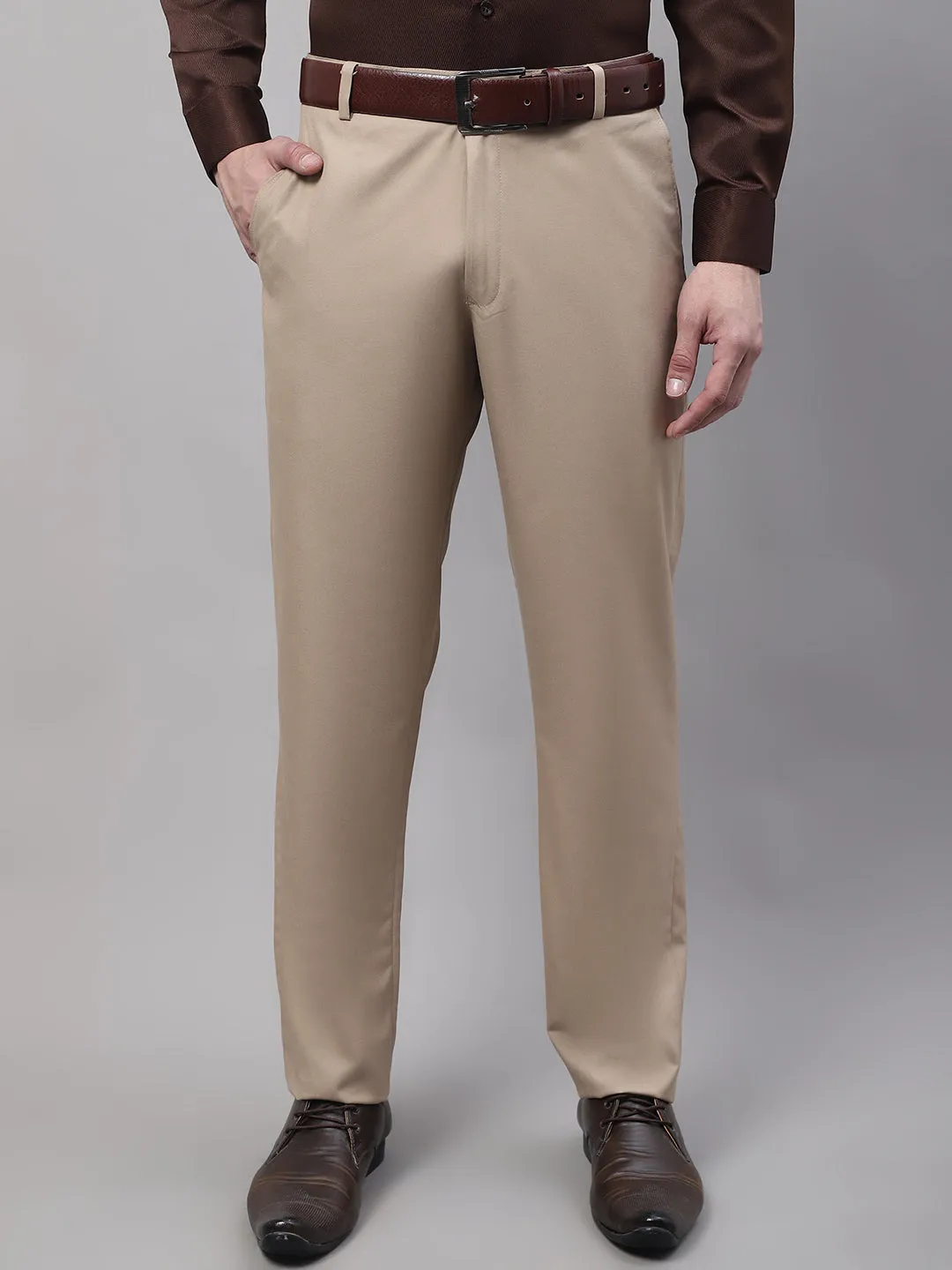 Men'S Beige Tapered Fit Formal Trousers