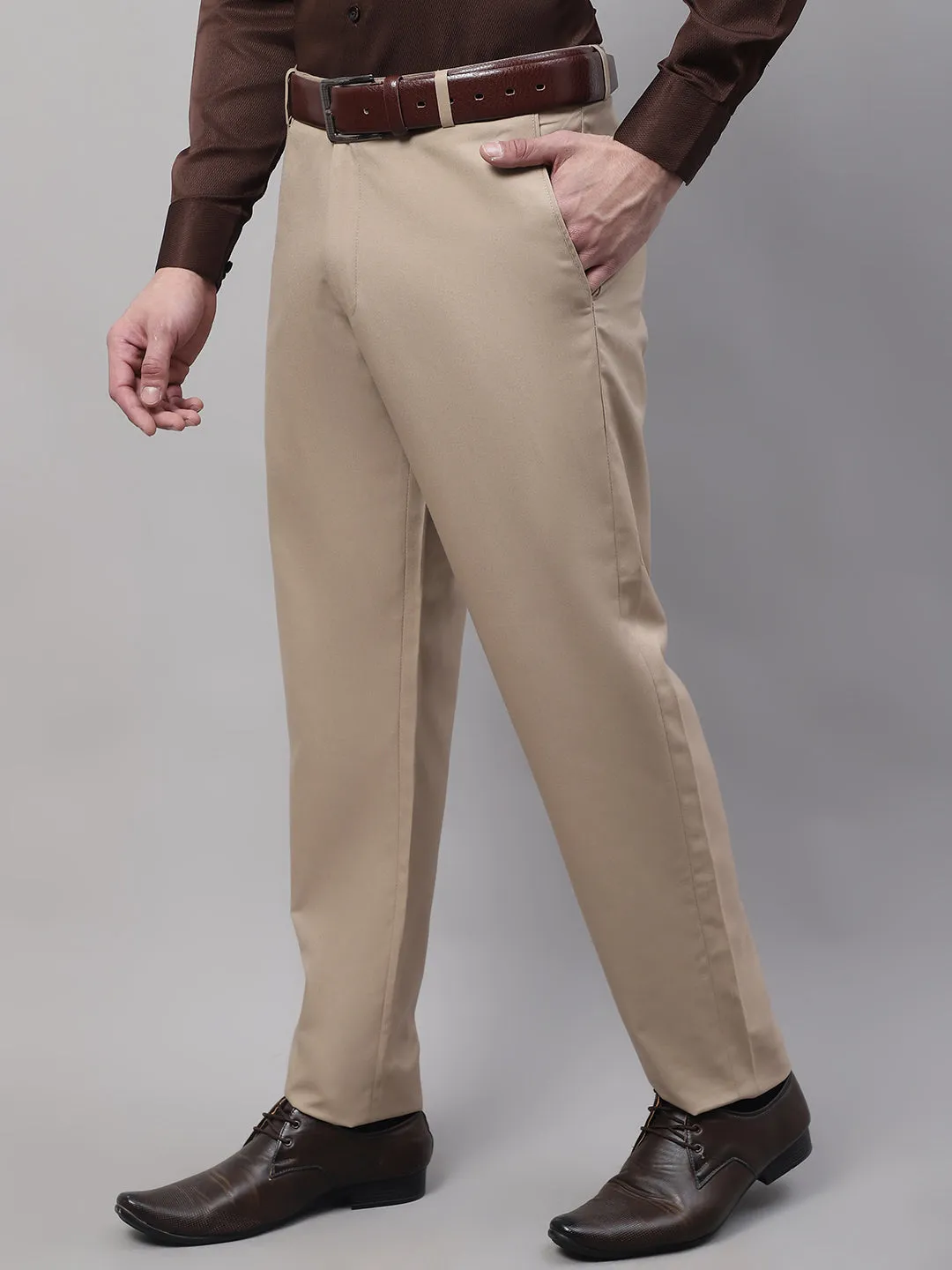 Men'S Beige Tapered Fit Formal Trousers