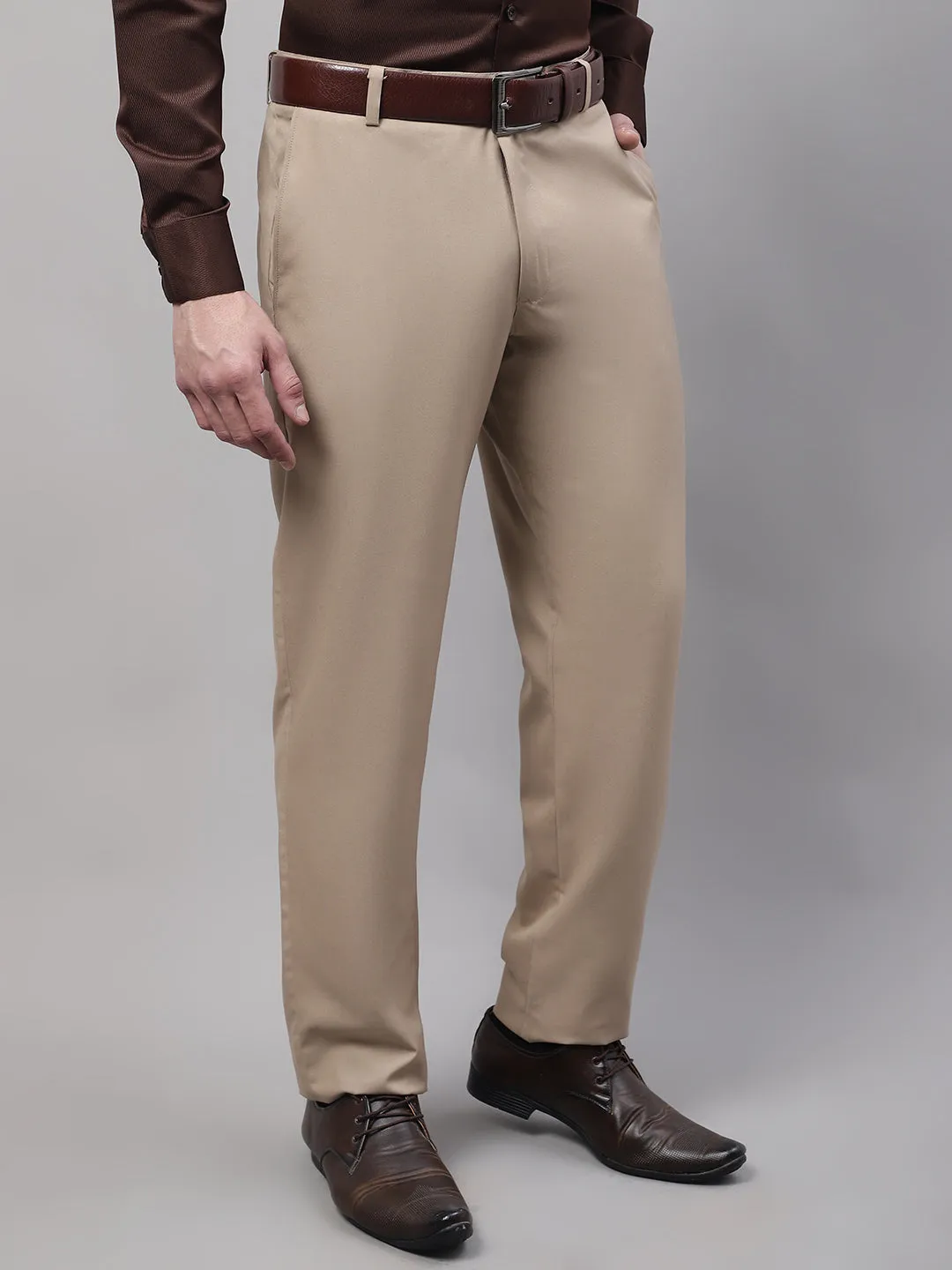 Men'S Beige Tapered Fit Formal Trousers