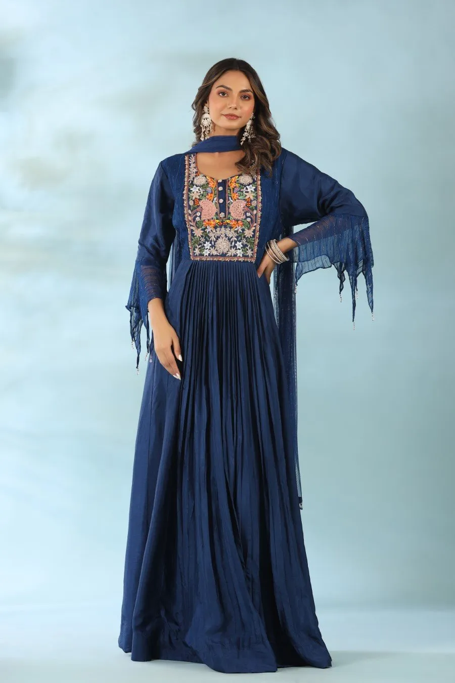 Navy Blue Modal Silk Anarkali with Dupatta