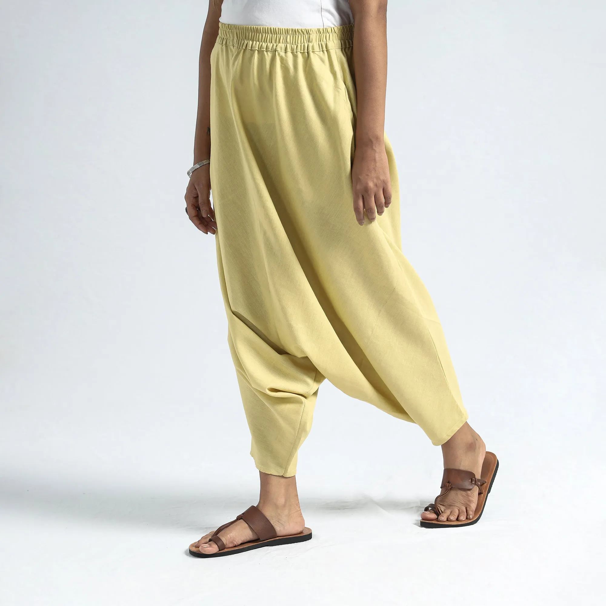 Pastel Yellow - Plain Flex Cotton Elasticated Harem Pant