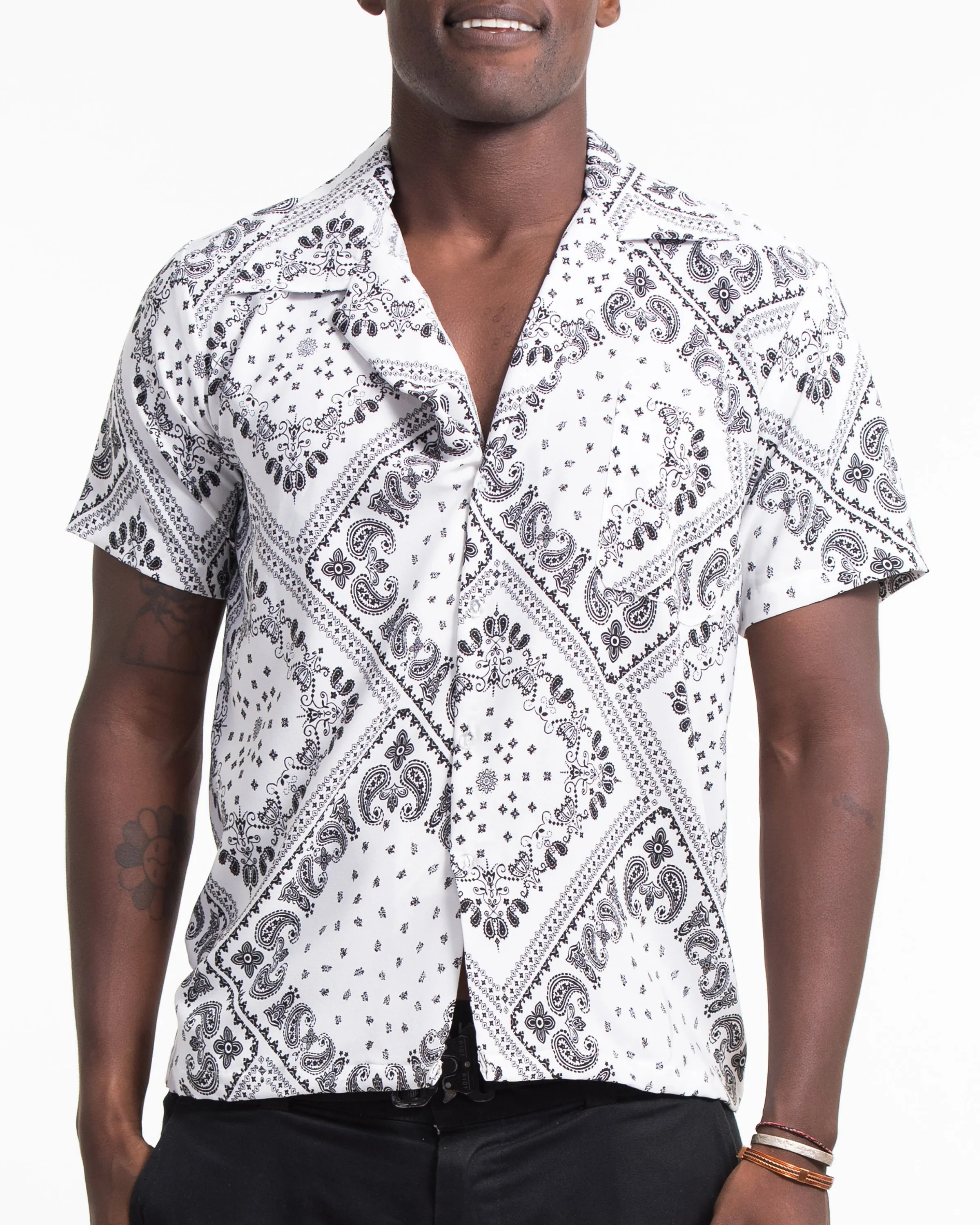 Patchwork Paisley Short Sleeve Button Shirt in White