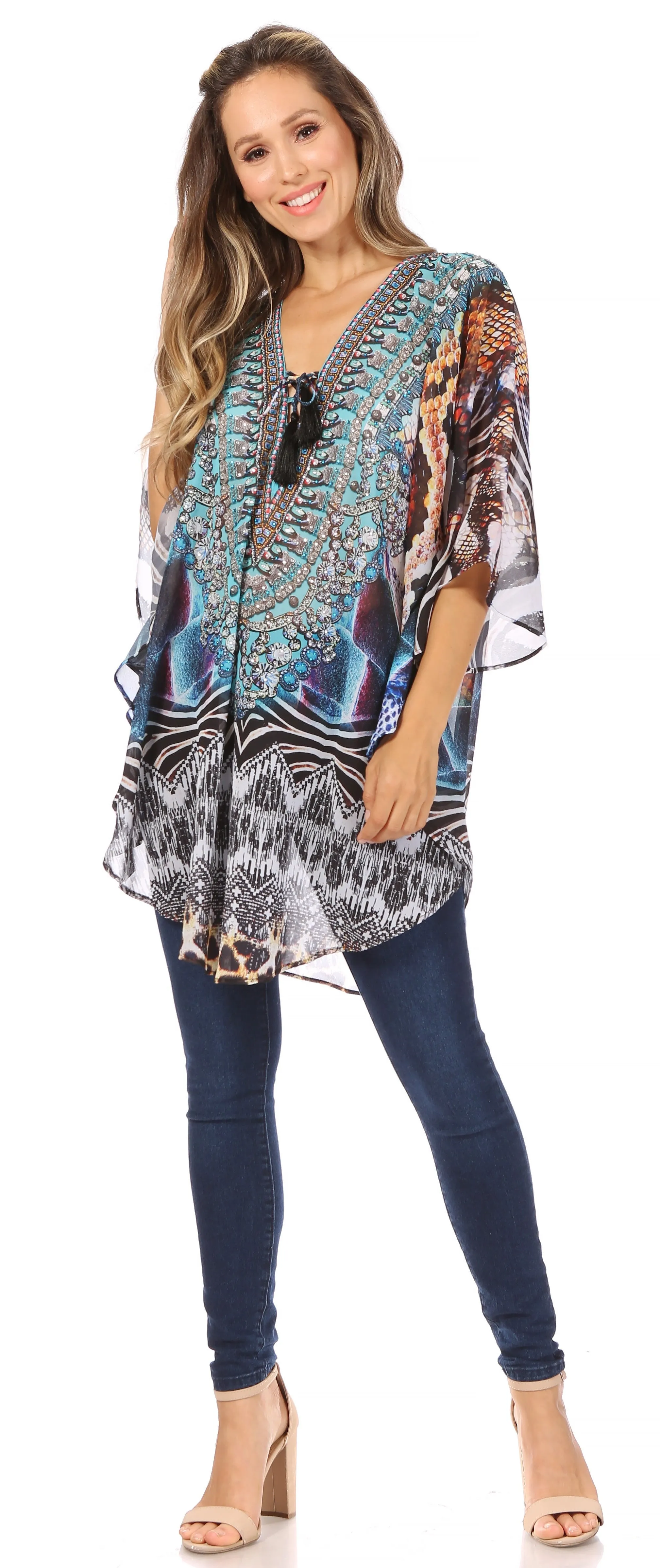 Sakkas Sloane Women's Printed V Neck Loose Fit Casual Circle Top Blouse with Ties