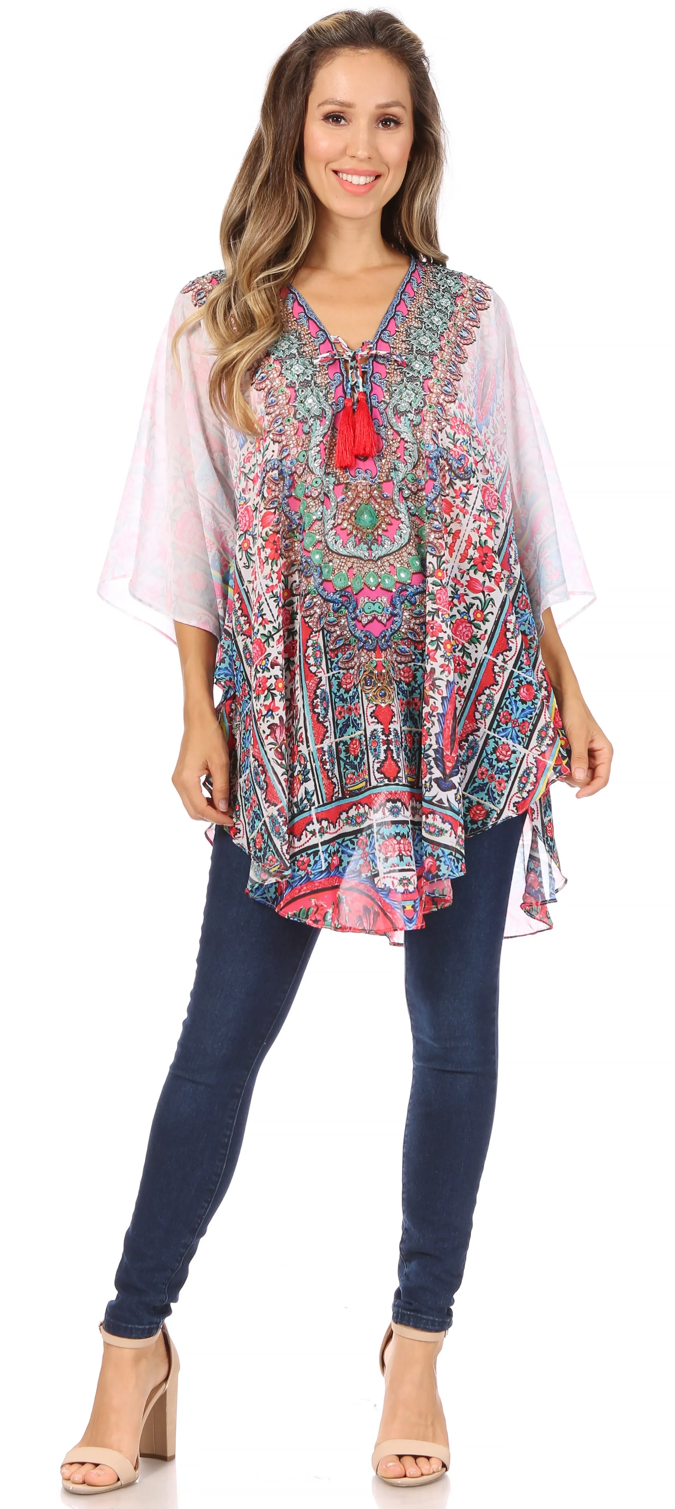 Sakkas Sloane Women's Printed V Neck Loose Fit Casual Circle Top Blouse with Ties