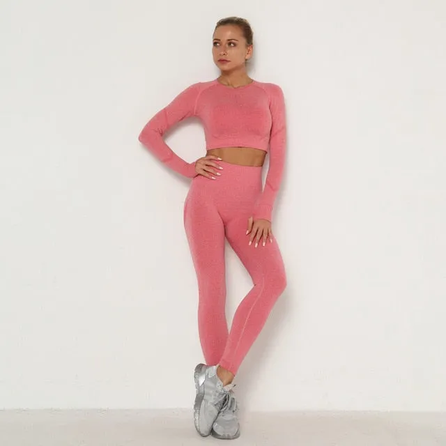 Trendy Workout Seamless Sports Set Includes High Waist Leggings  and Long Sleeve Top