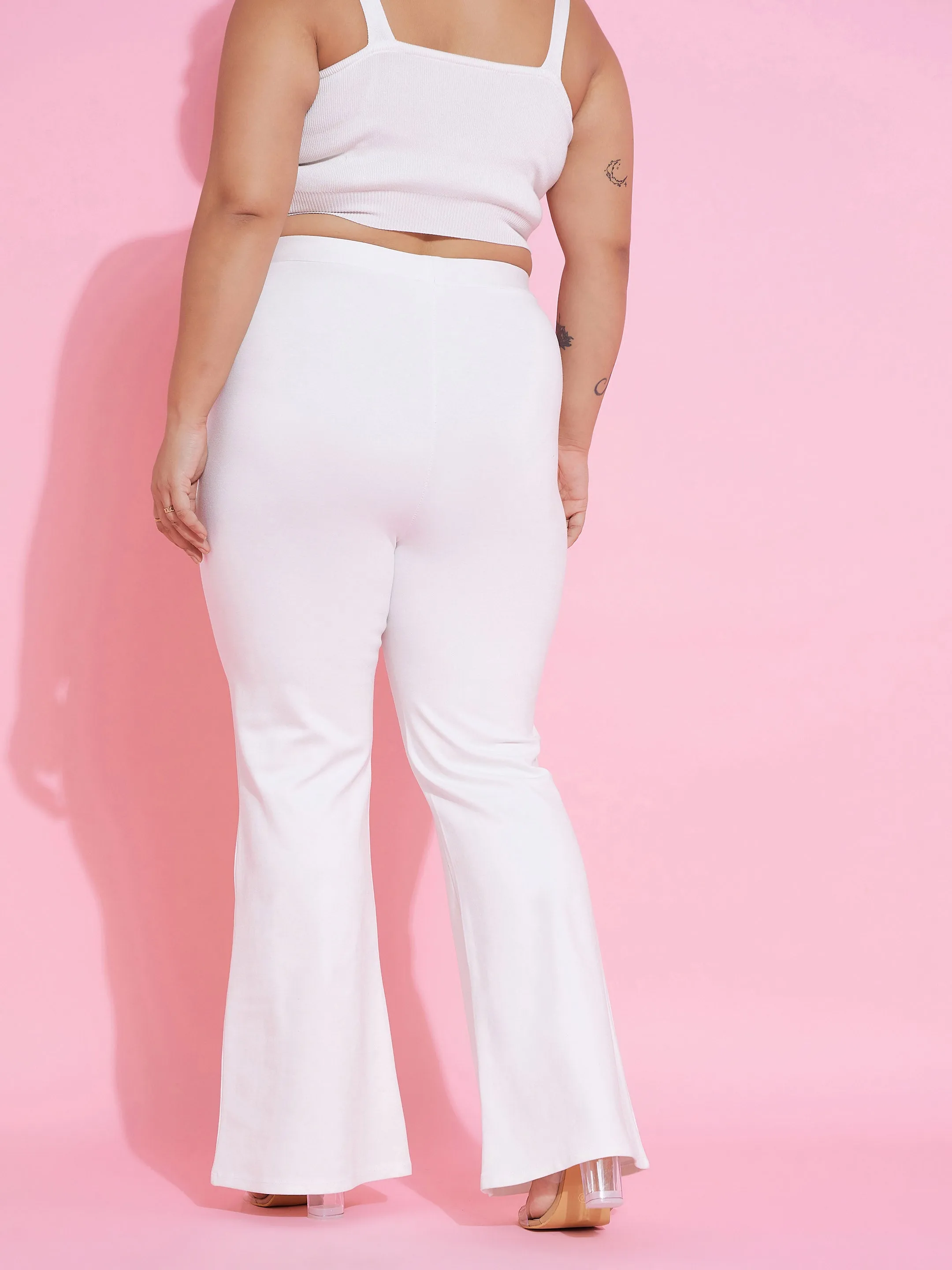 Women White Front Button Bell Bottom Trousers