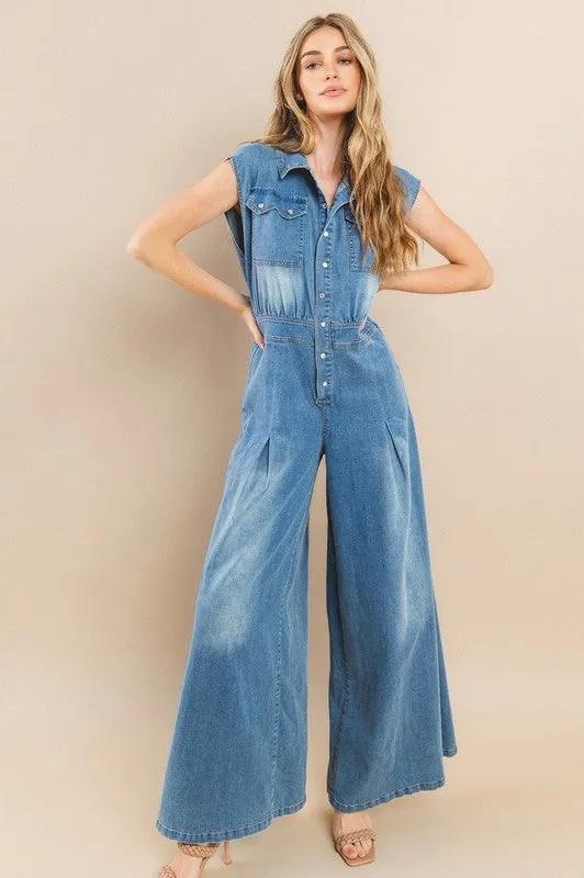 Zoey Wide Leg Denim Jumpsuit