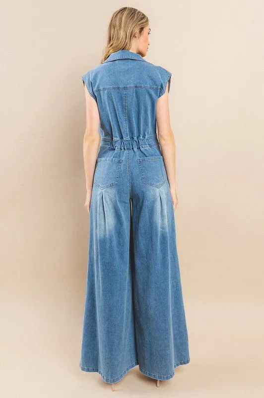 Zoey Wide Leg Denim Jumpsuit